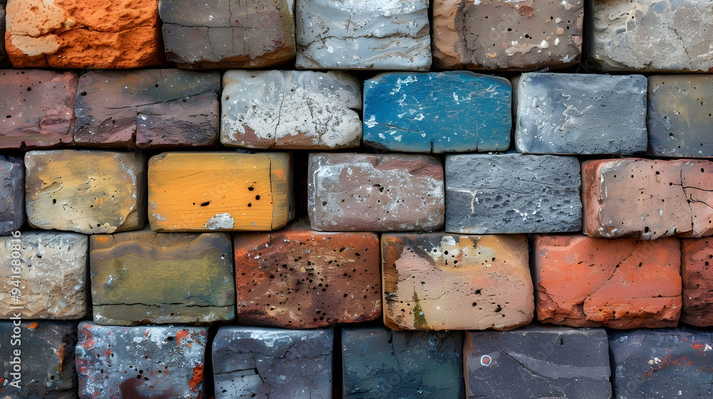 Poster close-up of a wall made of colorful and textured bricks.