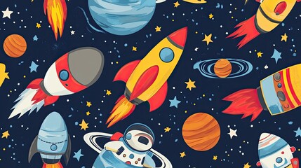 Naklejka premium A playful vector background featuring a seamless pattern of cartoon rockets, astronauts, and planets set against a starry sky.