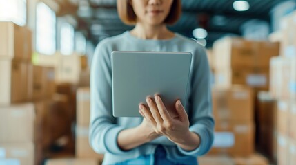 Fototapeta premium A woman holds a tablet in a warehouse, surrounded by boxes, demonstrating modern technology in logistics and inventory management.