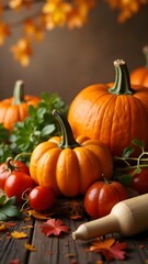A harvest scene featuring pumpkins, tomatoes, greenery, and a rolling pin on a rustic table with autumn leaves