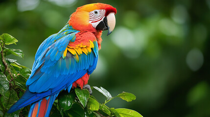 Fototapeta premium A brilliantly colored macaw perched amidst the lush green canopy of a tropical rainforest, 