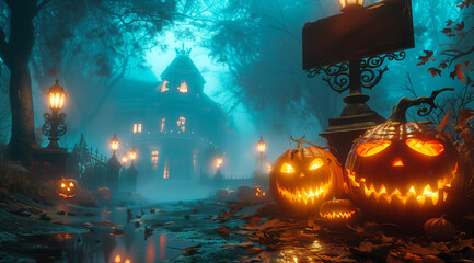 Spooky Halloween scene with pumpkins and a foggy night house