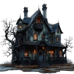 Obraz premium Haunted Manor House on a Stormy Night with Ominous Atmosphere and Gnarled Trees