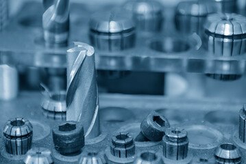 Close-up scene group of the used flat or square solid end mill tools.