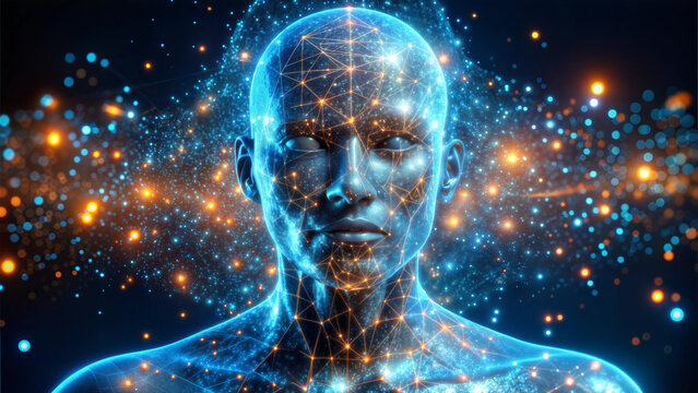 Artificial intelligence glowing human head with neural network and data visualization effects