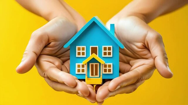 Hands holding a blue house model against yellow background.