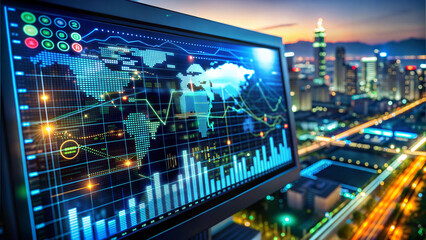 Financial dashboard glowing with data analytics and futuristic charts in urban nightscape