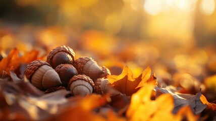 Warm fall scene featuring acorns nestled on autumn leaves in rich shades of orange and yellow, sunlight casting a gentle glow on the smooth shells and textured caps