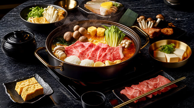 Luxury Dining Style An upscale, luxurious presentation of Mala Shabu with high-quality ingredients like Wagyu beef, exotic mushrooms, and golden tofu, served in a refined hot pot with delicate porcela