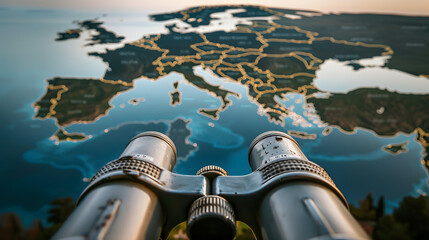 Geopolitical Map with Highlighted Conflict Zones and Disputed Territories, Observed Through Binoculars.