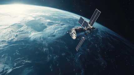Obraz premium A space satellite orbits Earth, its solar panels gleaming as it passes over the planetsurface.