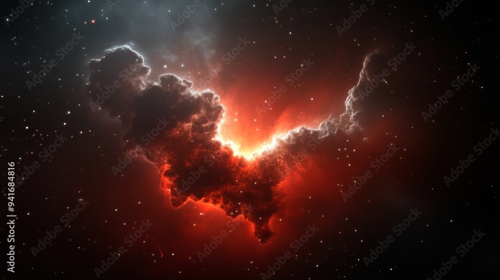 Poster a stunning image of a red nebula in space, with glowing clouds of gas and dust illuminated by stars.