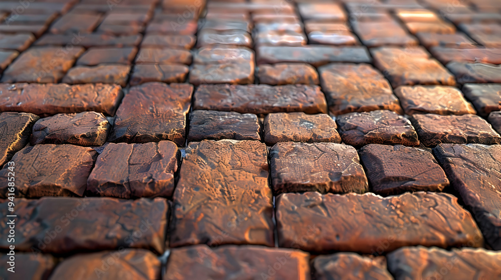 Poster close-up of an old, weathered stone path with a shallow depth of field, focusing on the center foreg