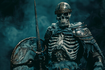 Fototapeta premium Skeleton Warrior Rises from the Grave Wielding a Sword and Shield to Haunt on Halloween Night