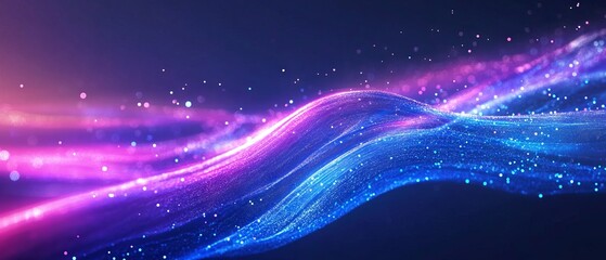 Abstract futuristic background with glowing neon light lines on dark blue, purple and pink colors. Digital technology concept. Abstract wave moving fast in space
