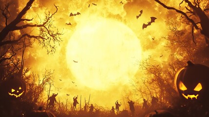 Spooky Halloween Night with Pumpkins and Bats. Background and text space. AI generated image