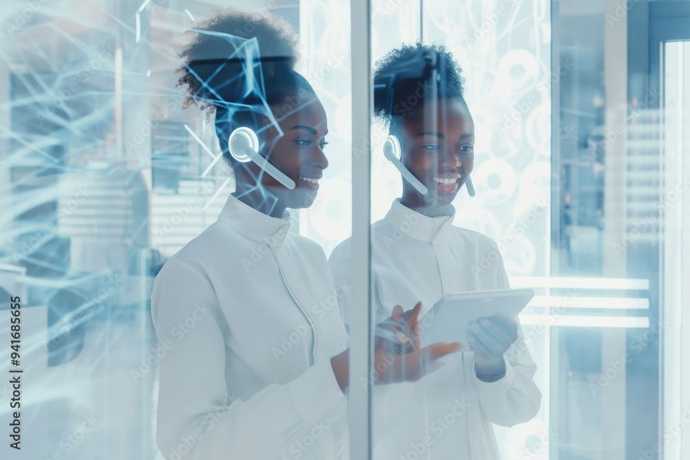Poster Two young female technologists in a futuristic data center, wearing headsets and using a digital tablet. Background features illuminated data interfaces and modern technological elements.