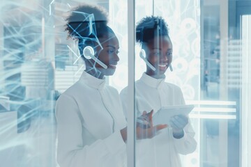 Two young female technologists in a futuristic data center, wearing headsets and using a digital tablet. Background features illuminated data interfaces and modern technological elements.