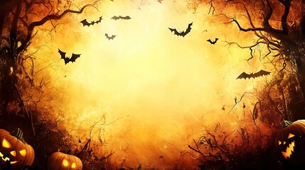 Spooky Halloween Night with Pumpkins and Bats. Background and text space. AI generated image
