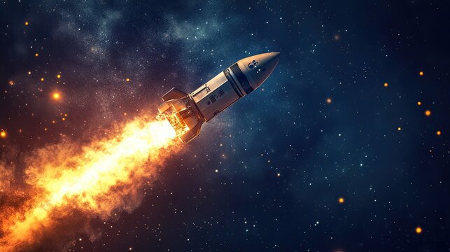 A spaceship takes off into the night sky on a mission, leaving a fiery trail as it ascends towards the stars. - Powered by Adobe