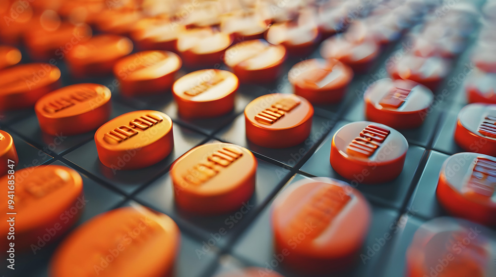 Poster close-up of orange round buttons with 'usa' embossed on each, arranged in rows on a dark blue surfac