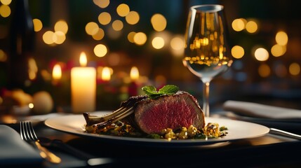 Seared rack of lamb, vibrant mint sauce, upscale dining setup, 3D illustration