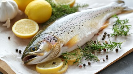 Freshly prepared trout with lemon, garlic, and herbs on a wooden cutting board in a kitchen setting