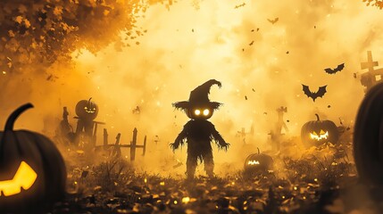 Spooky Halloween Night with Pumpkins and Bats. Background and text space. AI generated image