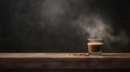 A glass of espresso on a wooden table with coffee beans and steam in a dark setting.