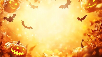 Spooky Halloween Night with Pumpkins and Bats. Background and text space. AI generated image