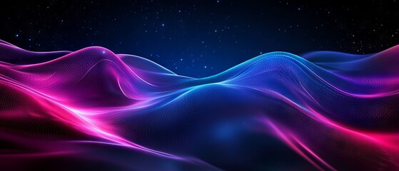 Abstract futuristic background with glowing neon light lines on dark blue, purple and pink colors. Digital technology concept. Abstract wave moving fast in space