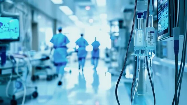 IV drip in a hospital corridor with blurry medical personnel.