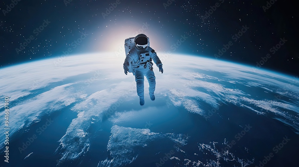 Poster a stunning 3d visualization of an astronaut floating in the stratosphere, between the earth atmosphe