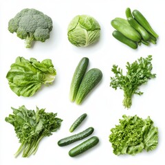 Various green vegetables isolated on white background 
