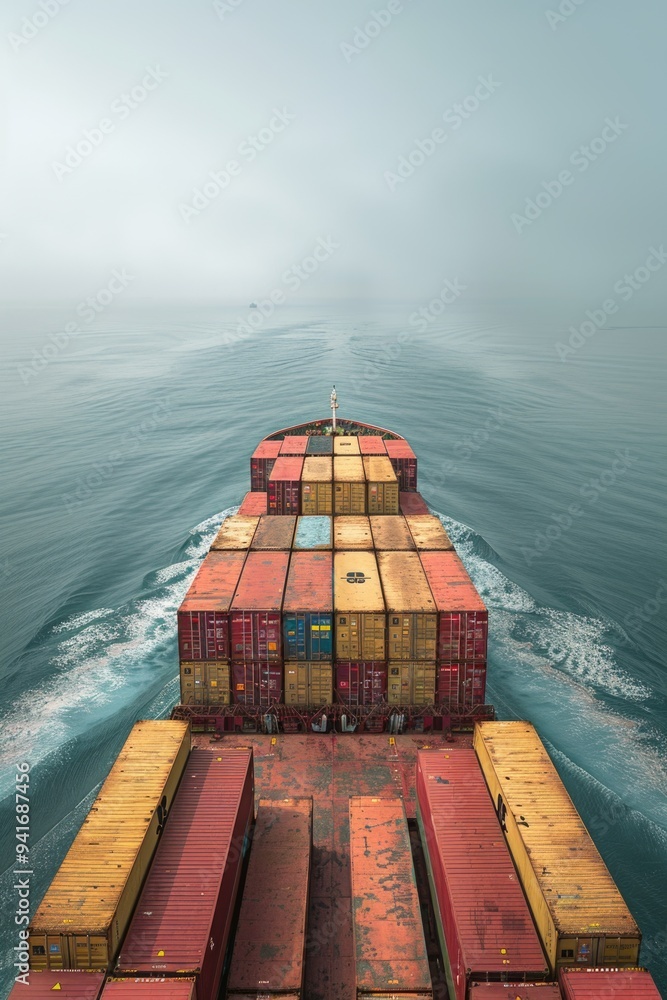 Poster a large container ship sailing across the open ocean, with no land in sight