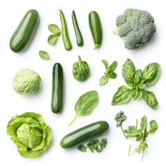 Various green vegetables isolated on white background 
