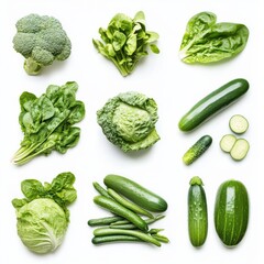 Various green vegetables isolated on white background 