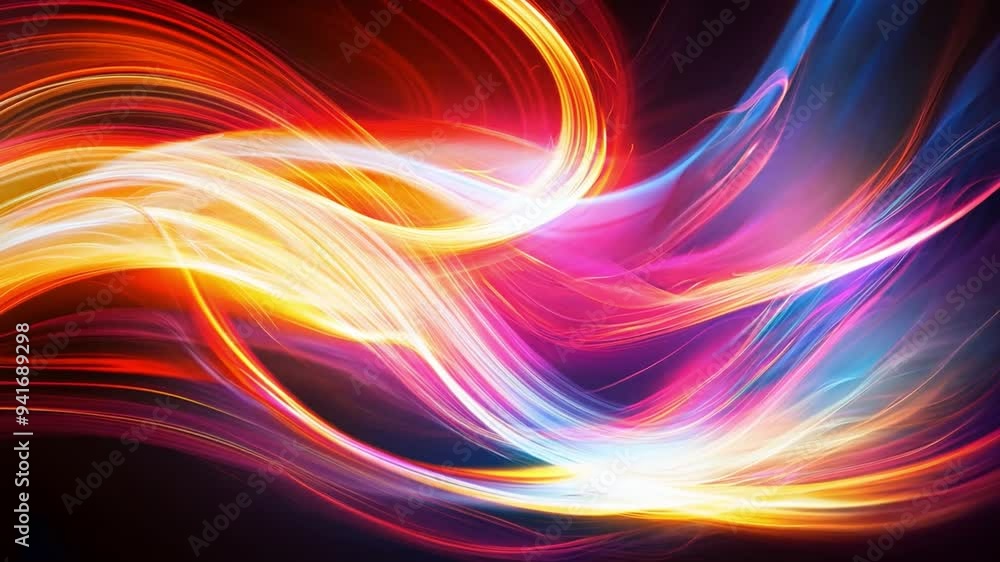 Poster bright light trails swirl in vibrant colors, creating an abstract display against a deep black backg