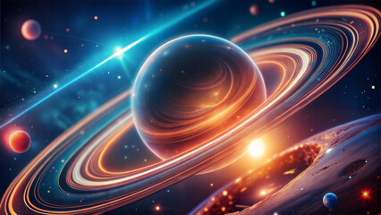 Obraz premium Majestic view of Saturn planet with glowing rings in deep space featuring bright star clusters