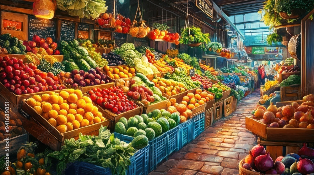 Poster A vibrant market filled with fresh produce, showcasing a rich variety of fruits and vegetables.