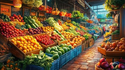 Obraz premium A vibrant market filled with fresh produce, showcasing a rich variety of fruits and vegetables.