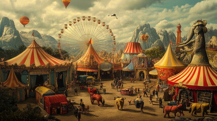 Visitors enjoying a day at the circus, with animals, performers, and a vintage feel, set against a surreal mountainscape background
