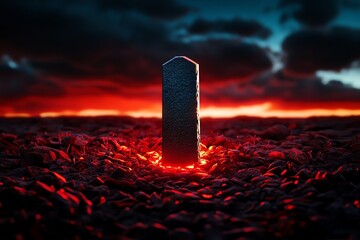 A single gravestone standing alone on a barren red field, with a faint red glow emanating from the ground
