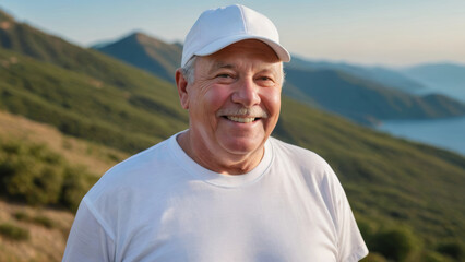 Plus size senior man wearing white t-shirt and white baseball cap standing on a mountain