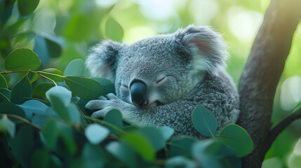 Obraz premium A close-up shot of a sleepy koala clinging to the branches of a eucalyptus tree, its soft gray fur blending with the green leaves, captured in a serene, high-definition photographic style that highlig
