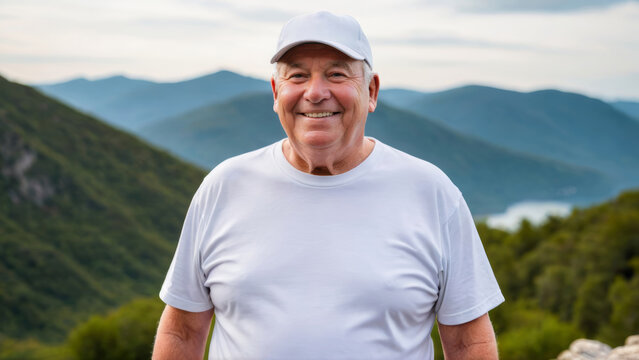 Plus size senior man wearing white t-shirt and white baseball cap standing on a mountain