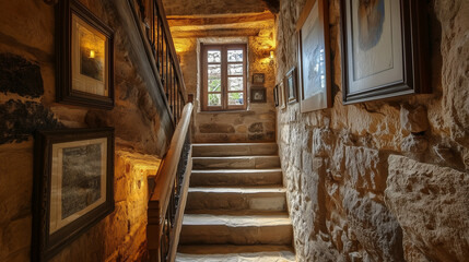 Obraz premium Atrakcyjna, rustykalna klatka schodowa w starym kamiennym budynku, oświetlona światłem naturalnym wpadającym przez małe okno, z wiekowymi ścianami.