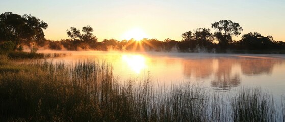 Obraz premium Sunrise over a Still Lake with Morning Mist and Trees