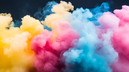 Fototapeta premium A vibrant and abstract image featuring colorful smoke explosions against a black background. The smoke forms swirling patterns and shapes, symbolizing creativity, energy, and the ephemeral nature of l