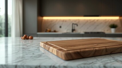 Modern Kitchen with Wooden Cutting Board and Eggs on Marble Counter